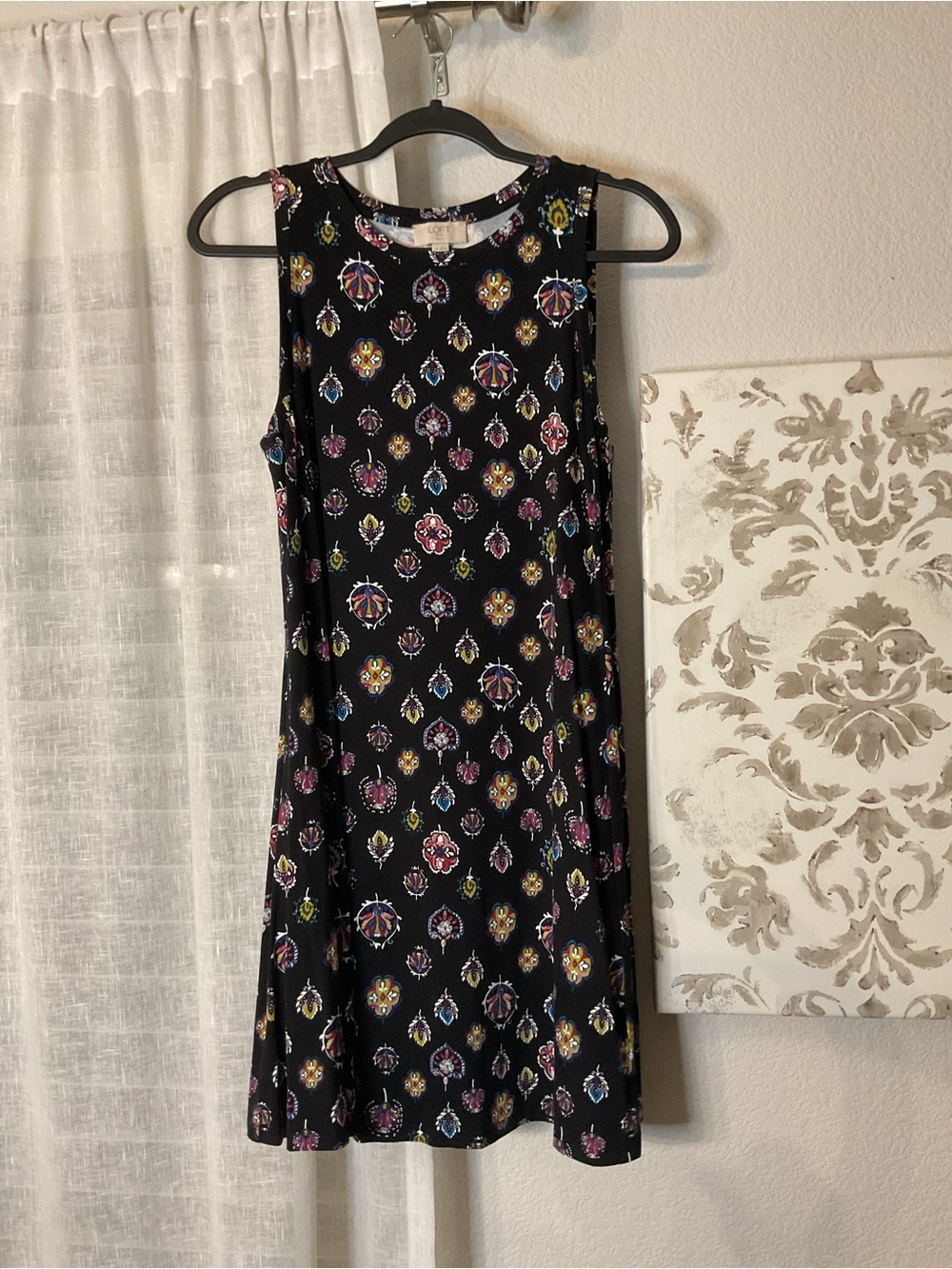 LOFT Black Sleeveless Midi Dress with Multicolor Floral Medallion Print